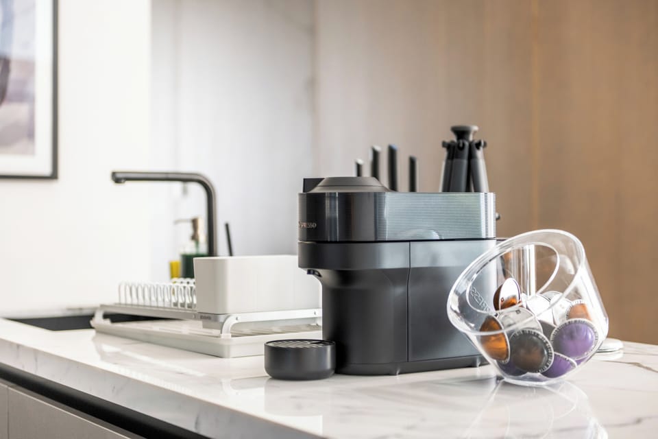 Luxury Apartment, Sea View | Private kitchen | Electric kettle, toaster, highchair