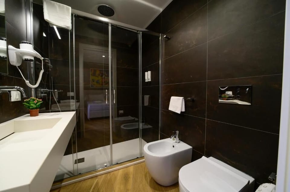 Shower, hair dryer, bidet, towels