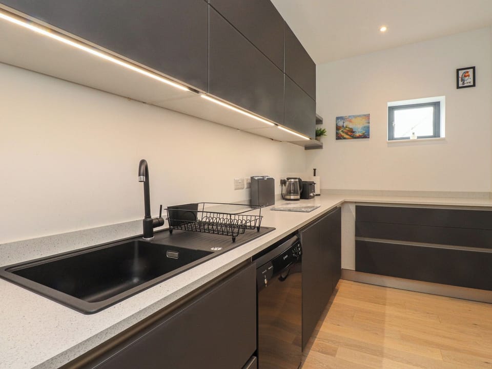 Fridge, dishwasher, toaster, cookware/dishes/utensils