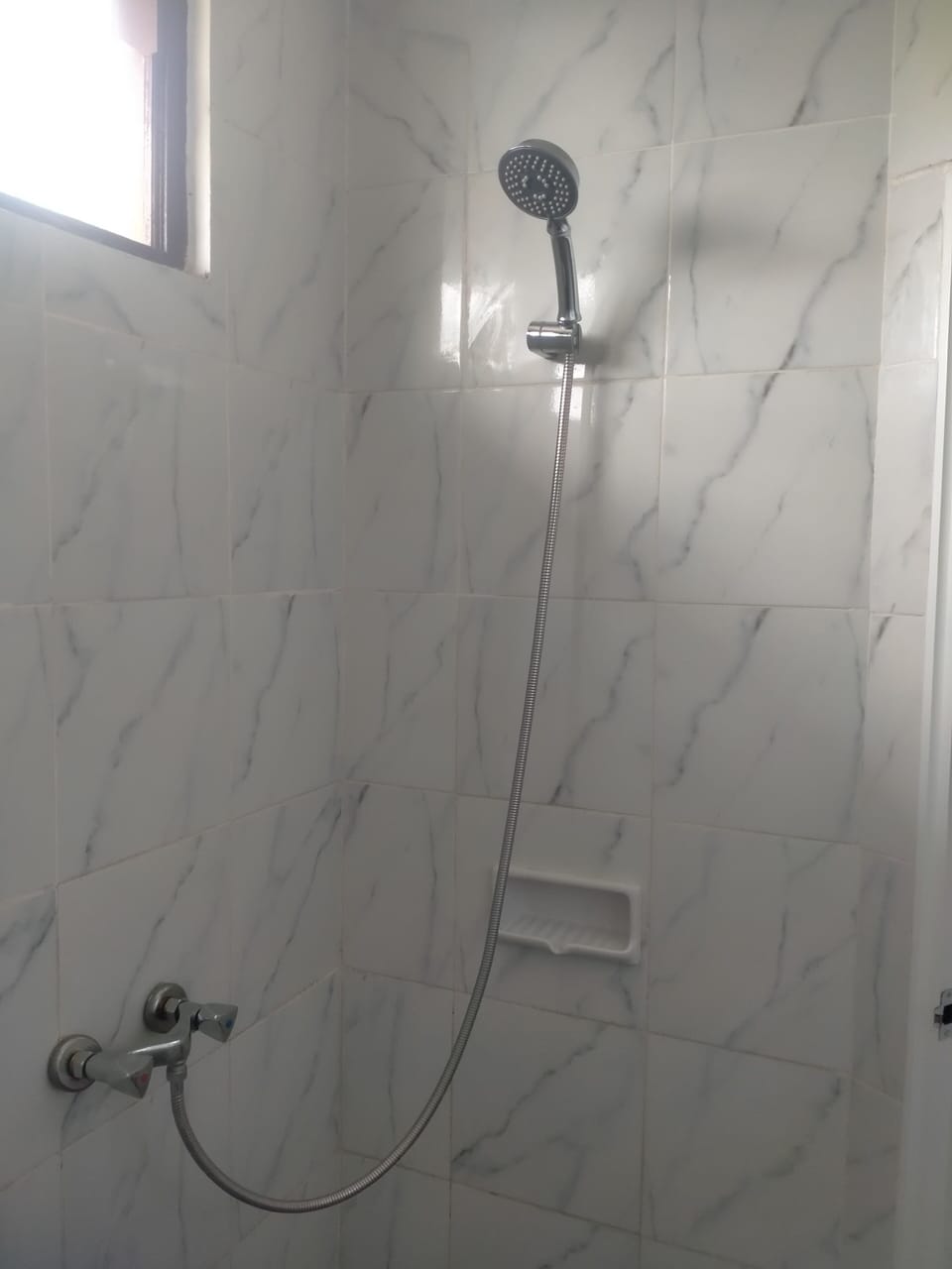 Shower, towels, soap, toilet paper