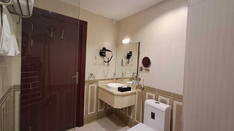 Combined shower/tub, rainfall showerhead, hair dryer, bidet