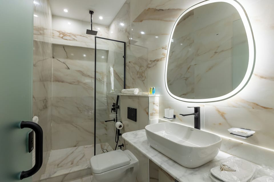 Shower, hair dryer, bathrobes, slippers