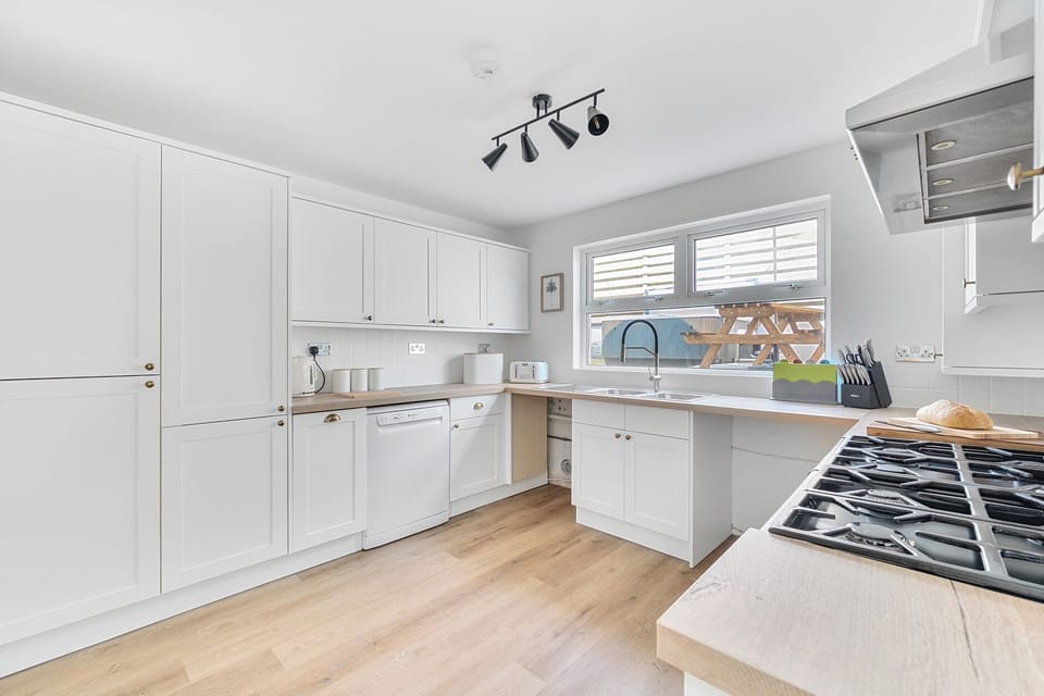 Fridge, dishwasher, cookware/dishes/utensils