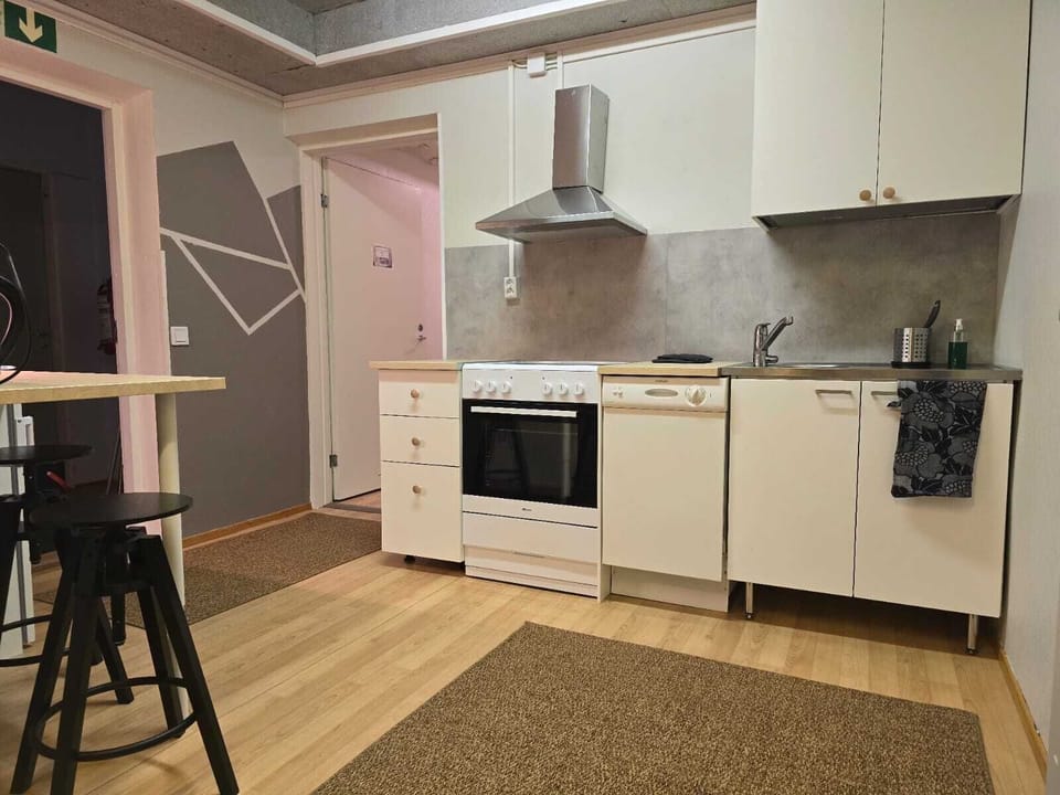 Full-size fridge, microwave, stovetop, dishwasher