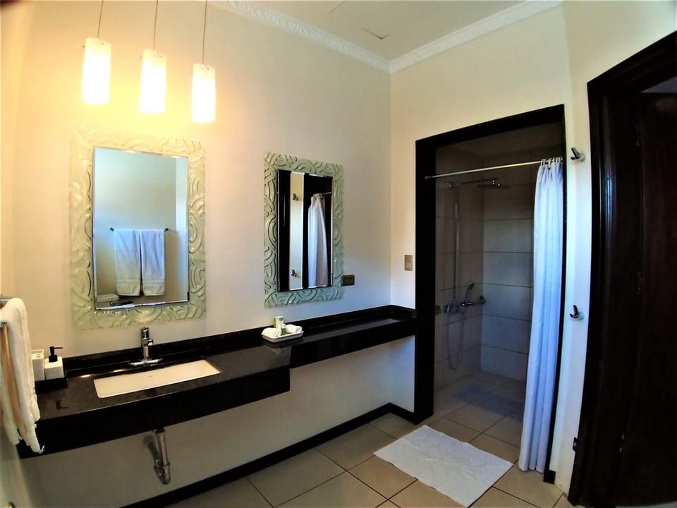 Deluxe Studio, 1 Bedroom, Accessible, Garden View | Bathroom | Designer toiletries, hair dryer, towels
