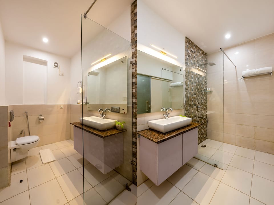 Shower, free toiletries, hair dryer, towels