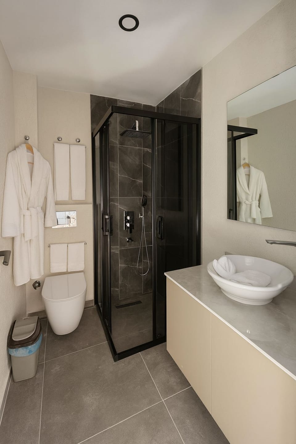 Combined shower/tub, hair dryer, towels, soap