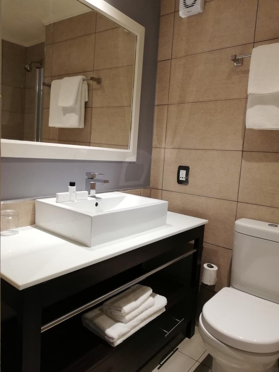 Shower, free toiletries, towels, soap