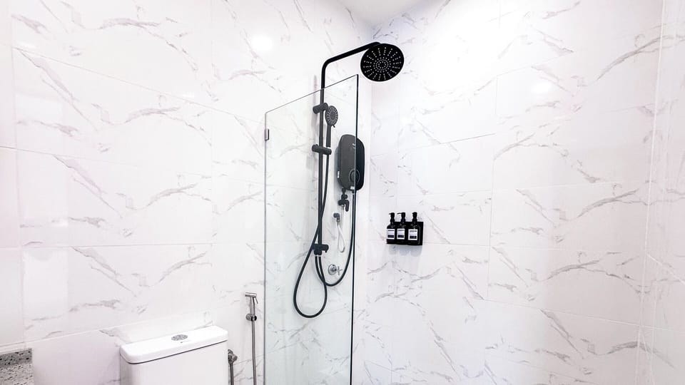 Shower, hair dryer, bidet, towels