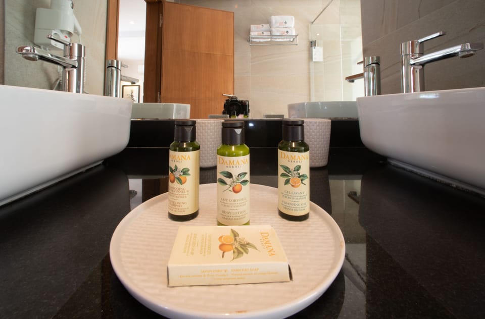 Royal Suite | Bathroom | Hydromassage showerhead, designer toiletries, hair dryer, slippers