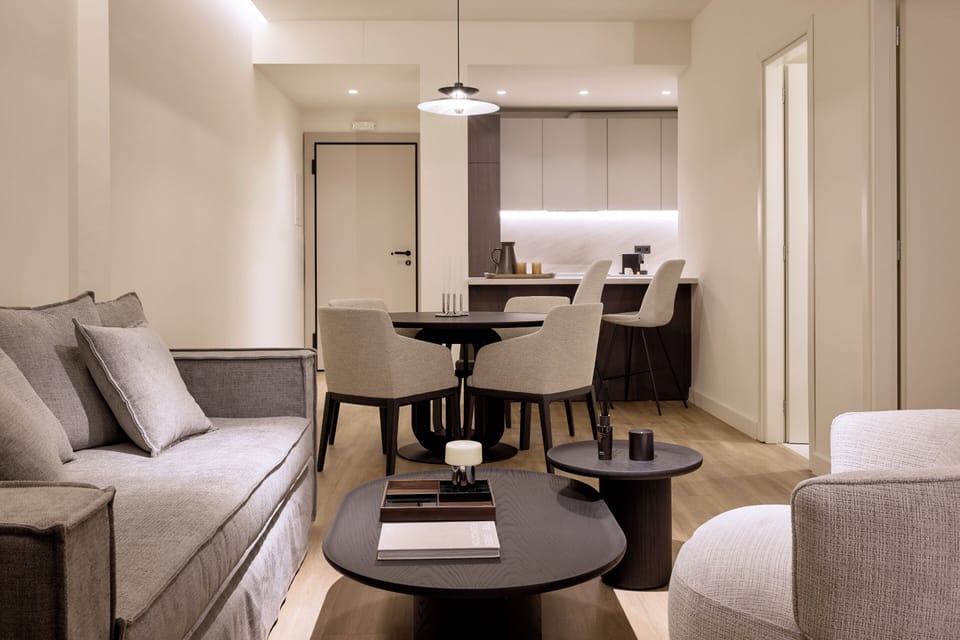 Olea Residence, Syntagma by Aura Homes | Living area | 45-inch Smart TV with satellite channels, Netflix, streaming services