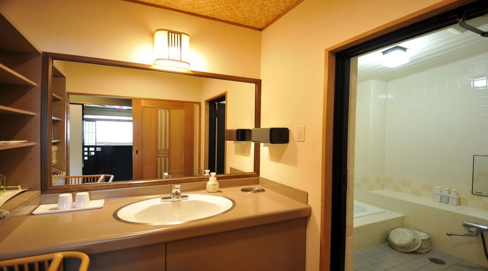 Combined shower/tub, free toiletries, hair dryer, slippers