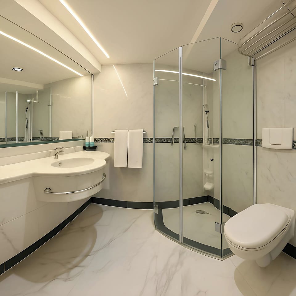 Combined shower/tub, hair dryer, towels, soap