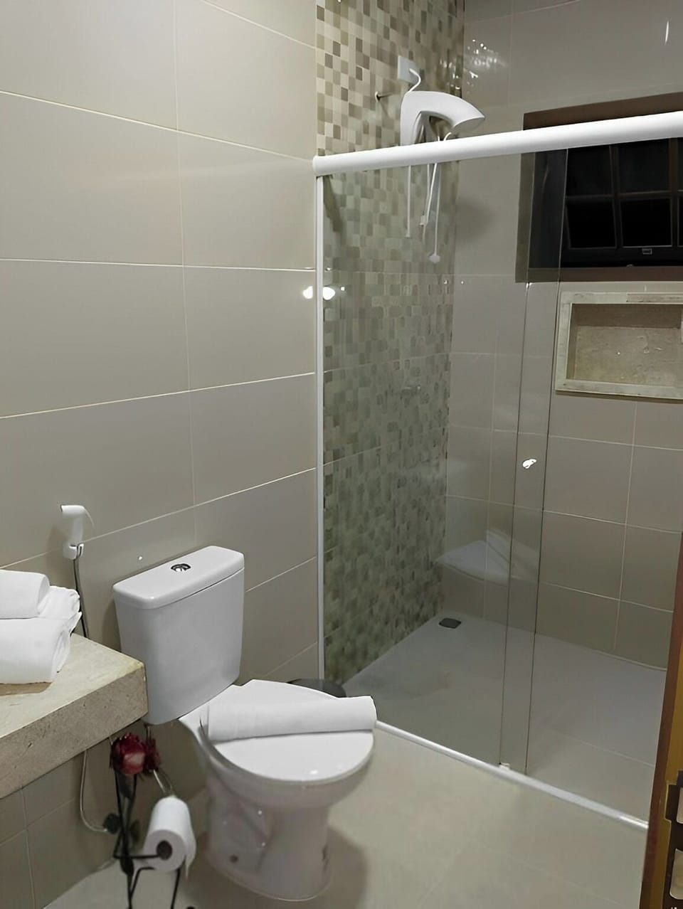 Shower, free toiletries, towels, soap