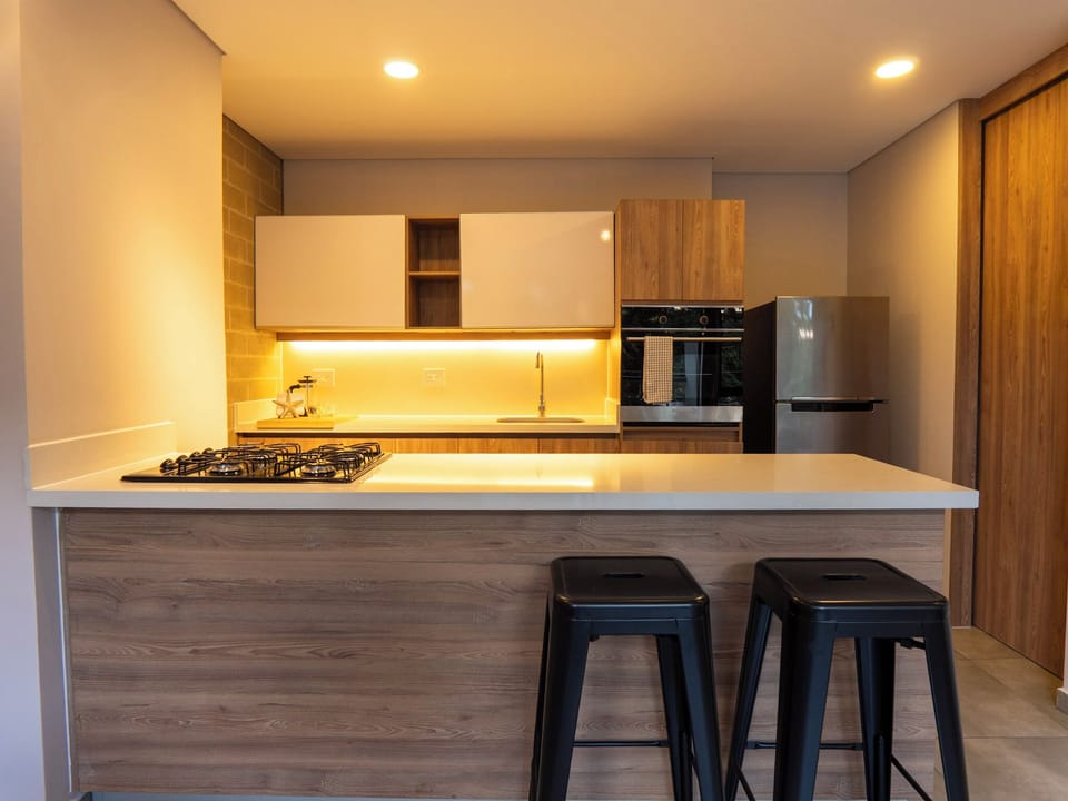 Full-size fridge, microwave, oven, stovetop