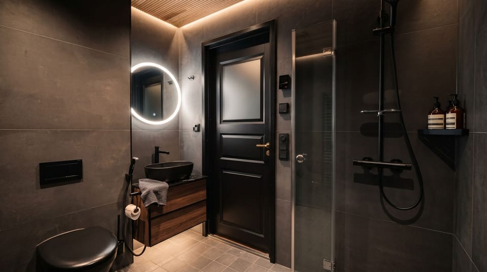 Shower, hair dryer, bidet, towels