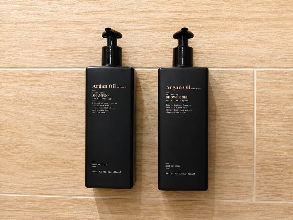 Shower, rainfall showerhead, eco-friendly toiletries, hair dryer