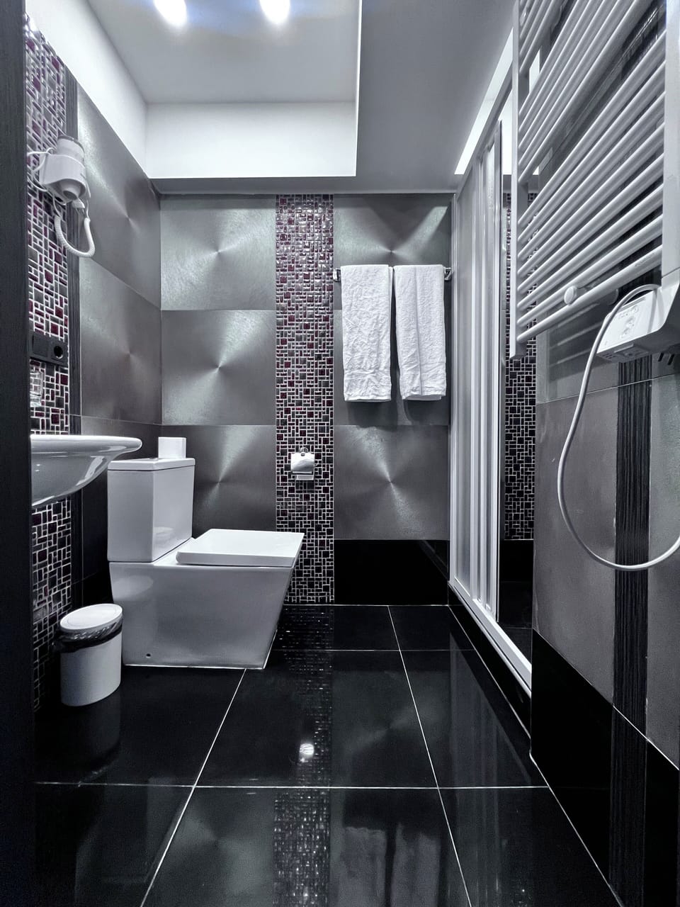 Shower, hair dryer, towels, shampoo