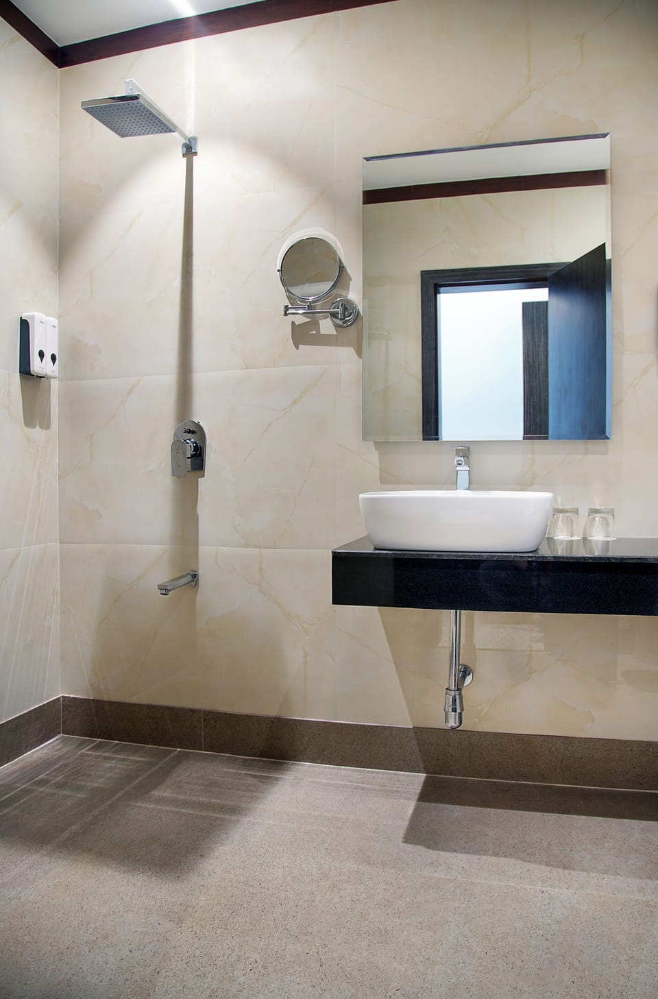 Shower, hair dryer, slippers, towels