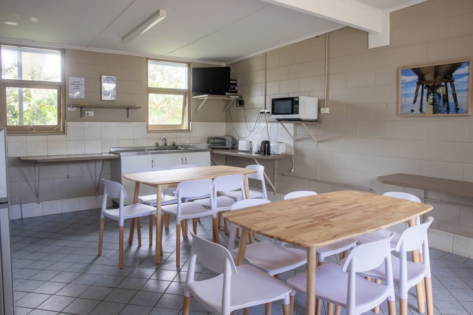 Fridge, microwave, toaster, cookware/dishes/utensils