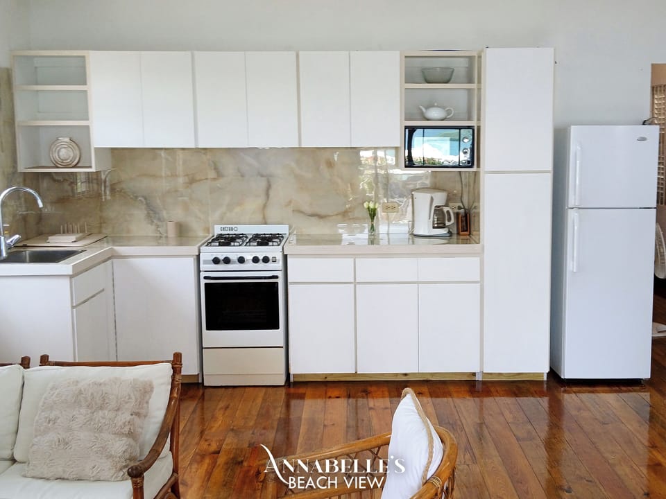 Fridge, microwave, stovetop, coffee/tea maker