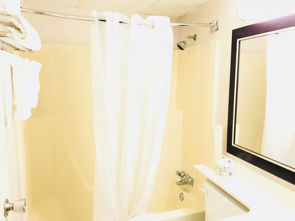 Combined shower/tub, free toiletries, hair dryer, towels