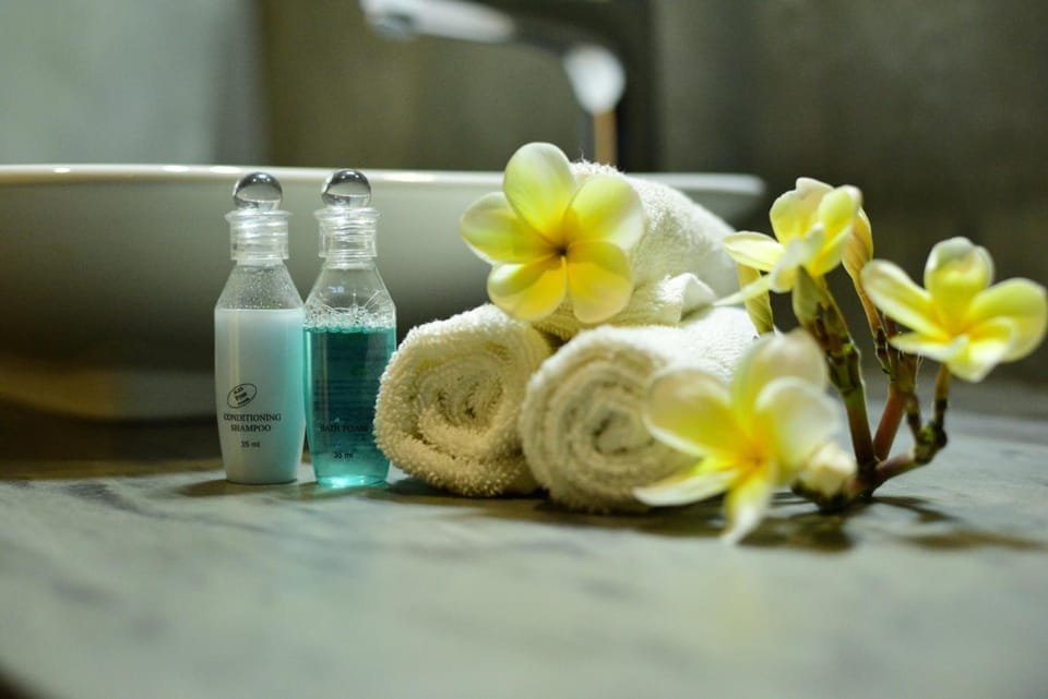 Shower, free toiletries, bidet, towels