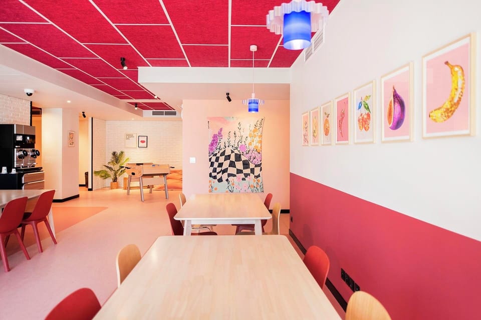 Fridge, microwave, stovetop, dining tables