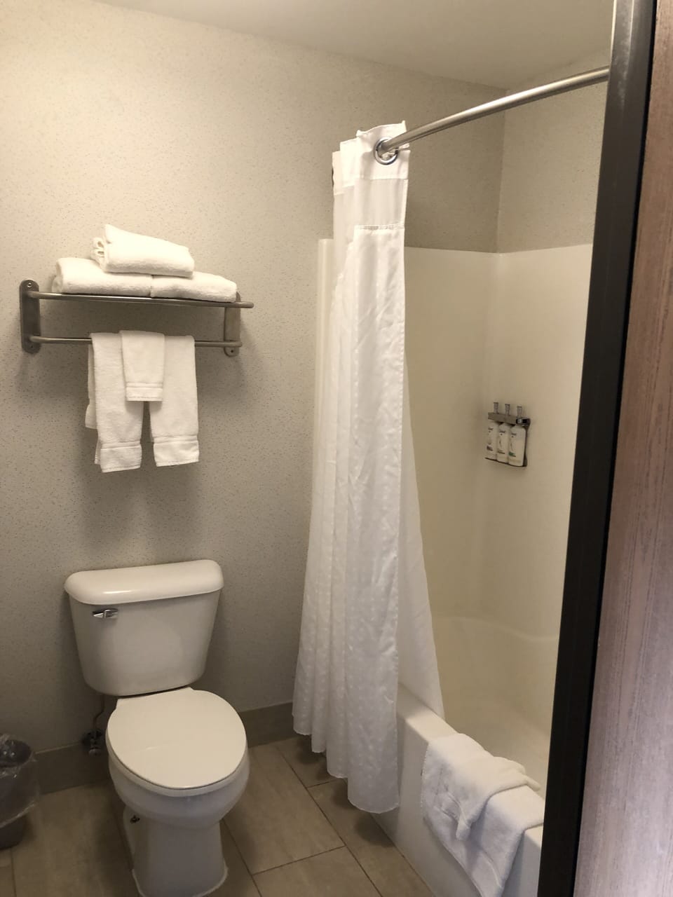 Combined shower/tub, free toiletries, hair dryer, towels