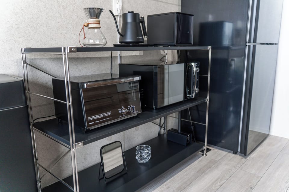 Fridge, microwave, electric kettle, toaster
