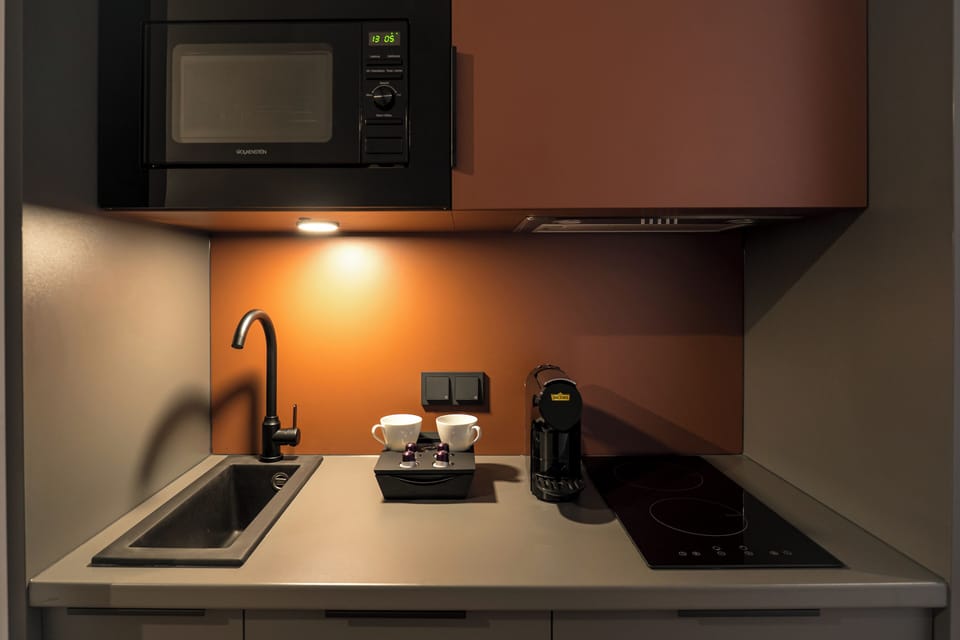 Deluxe Studio | Private kitchen | Fridge, microwave, stovetop, cookware/dishes/utensils