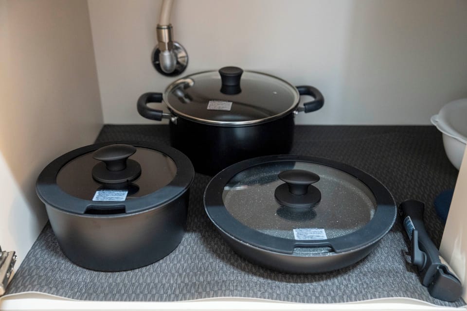 Fridge, microwave, stovetop, electric kettle