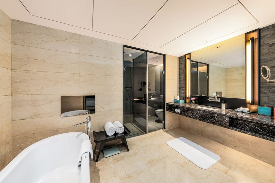 Luxury Studio Suite | Bathroom | Separate tub and shower, rainfall showerhead, hair dryer, bathrobes