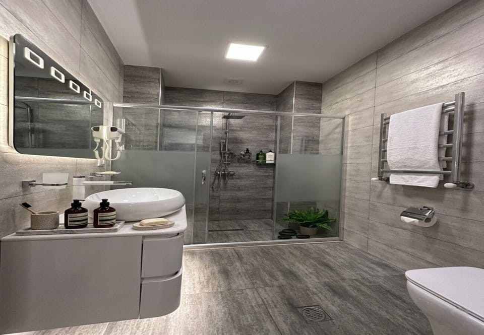 Hair dryer, slippers, towels, soap
