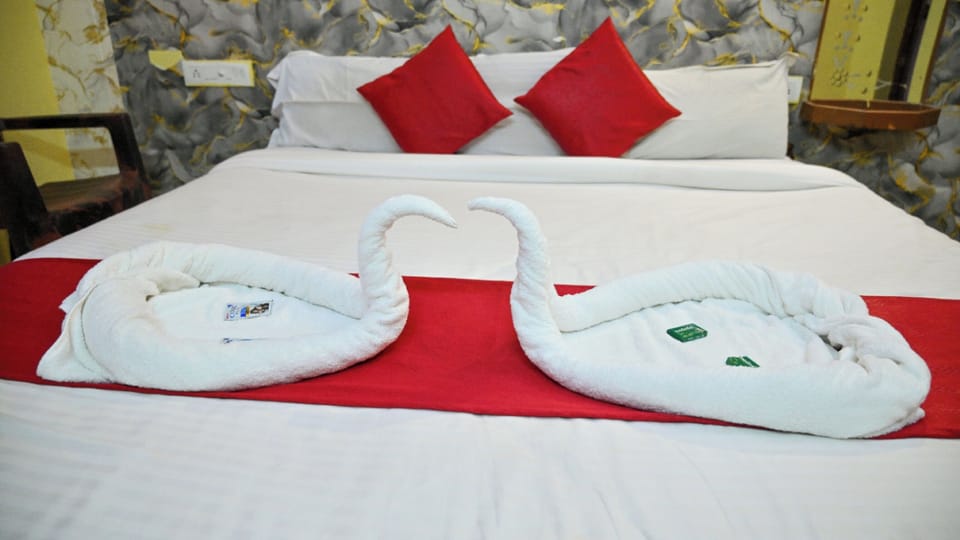 Premium bedding, desk, laptop workspace, soundproofing