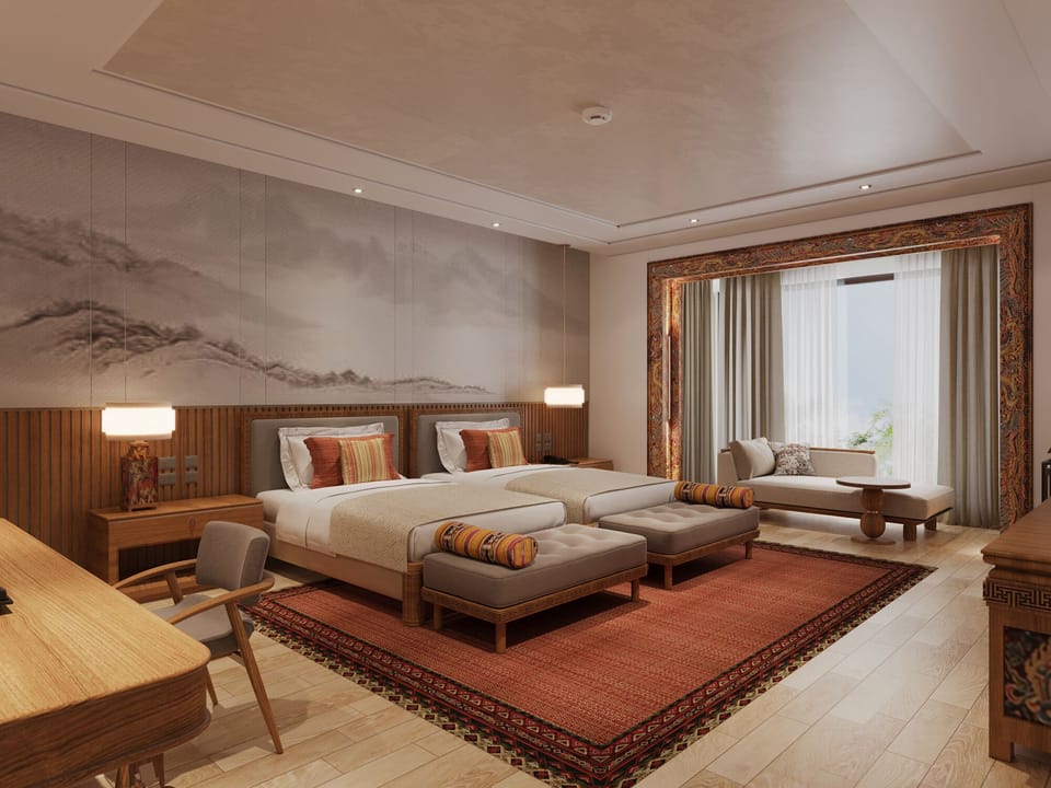 Egyptian cotton sheets, premium bedding, minibar (some free items), desk