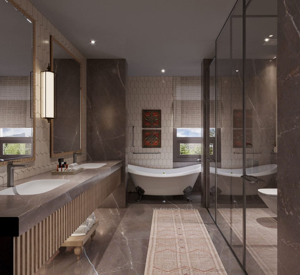 Separate tub and shower, rainfall showerhead, hair dryer, bathrobes