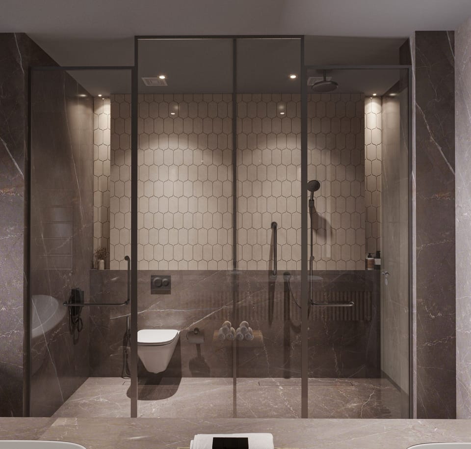 Separate tub and shower, rainfall showerhead, hair dryer, bathrobes