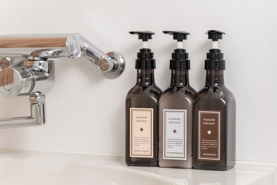Combined shower/tub, free toiletries, hair dryer, slippers