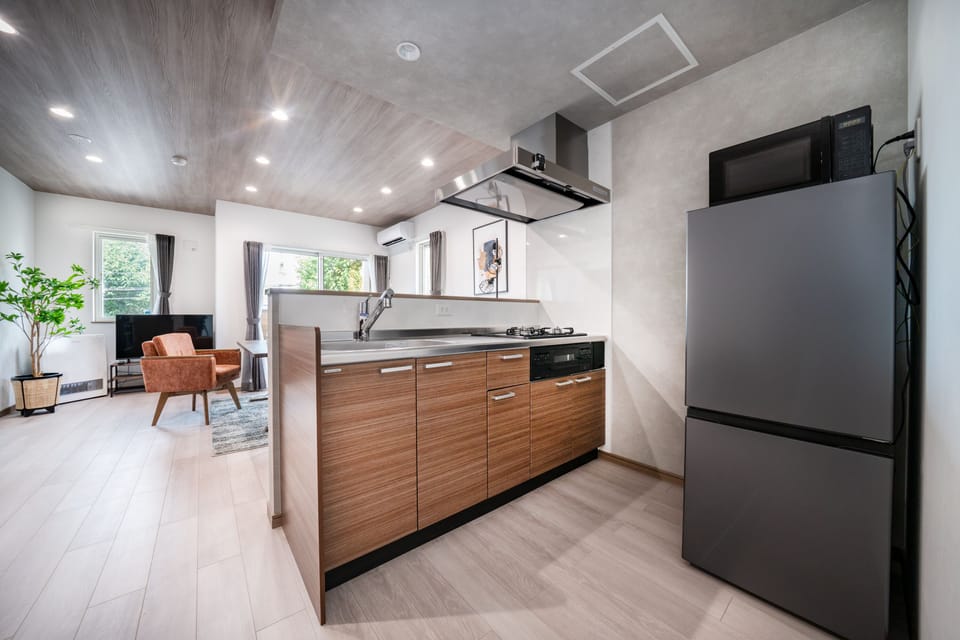 Fridge, microwave, electric kettle, toaster