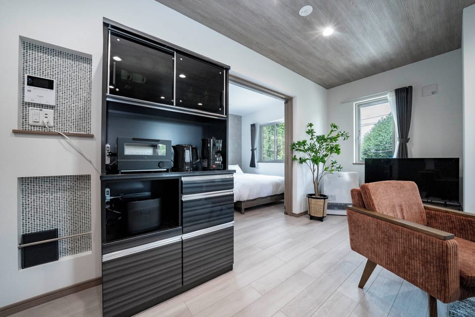 Fridge, microwave, electric kettle, toaster