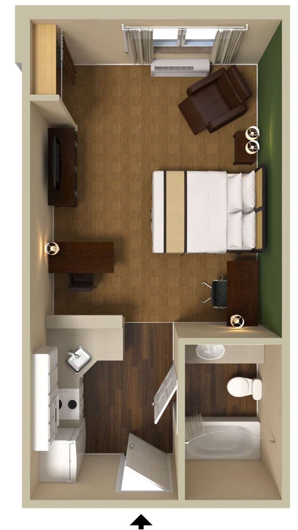 Desk, laptop workspace, blackout drapes, iron/ironing board