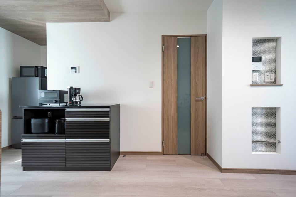 Fridge, microwave, stovetop, electric kettle