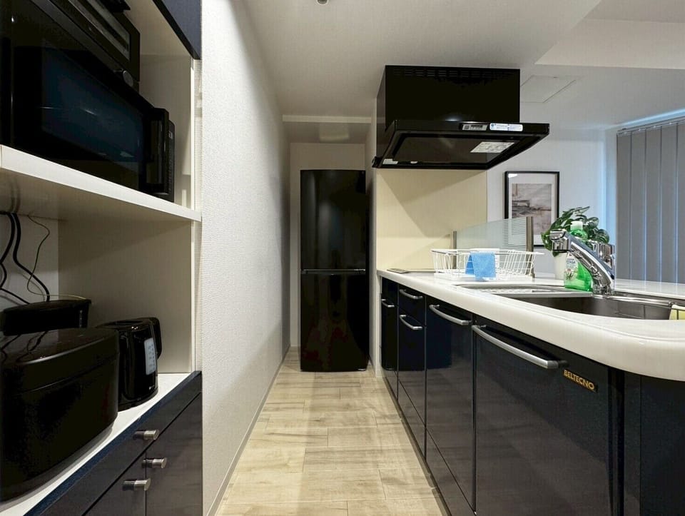 Fridge, microwave, stovetop, electric kettle