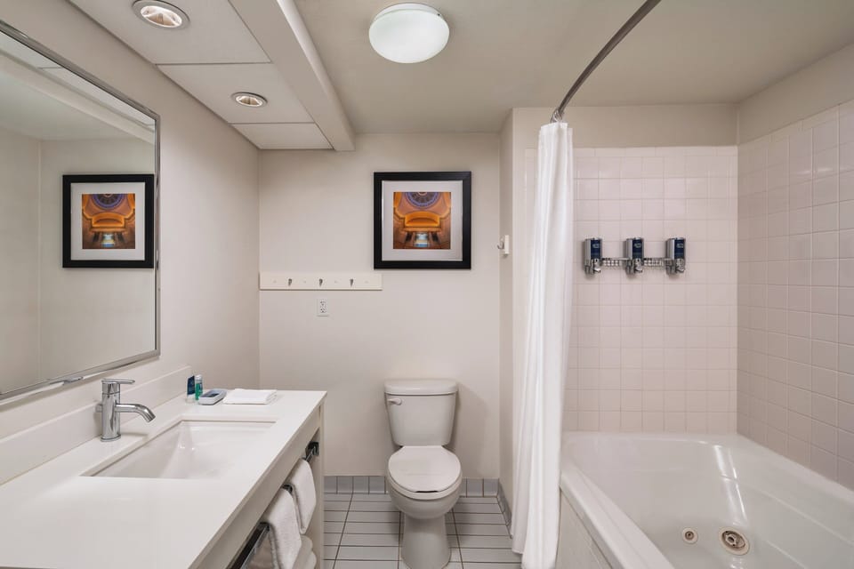 Combined shower/tub, free toiletries, hair dryer, towels