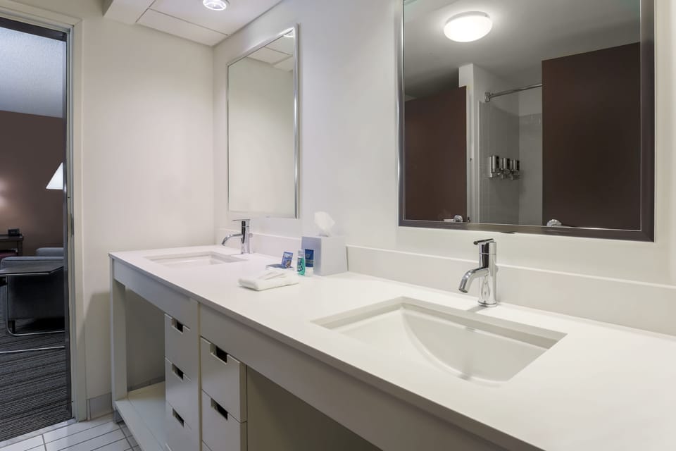 Combined shower/tub, free toiletries, hair dryer, towels