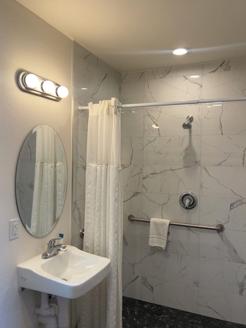 Hair dryer, towels, soap, shampoo