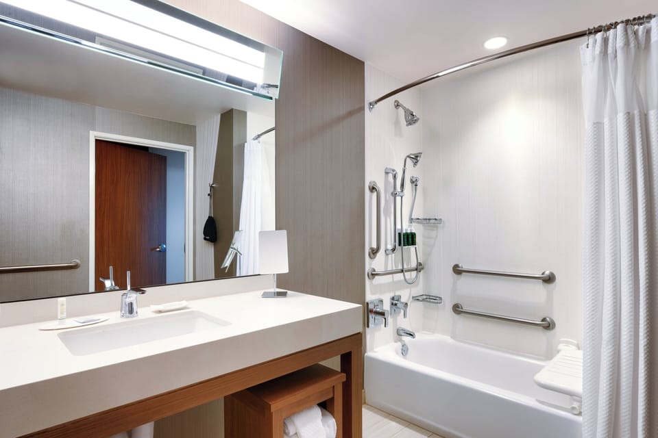 Hair dryer, towels, soap, shampoo