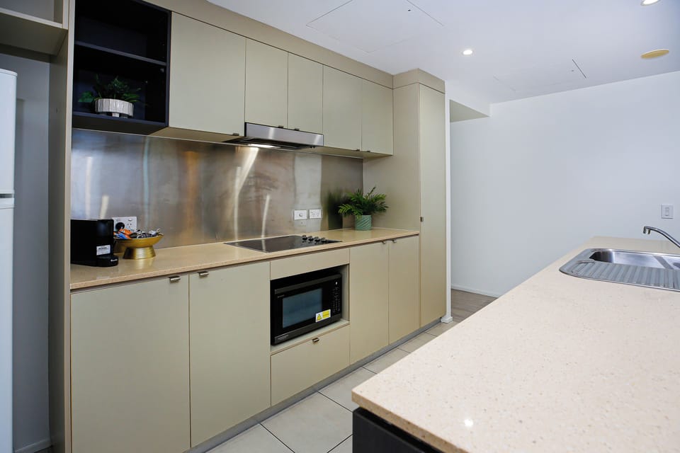 Full-size fridge, microwave, stovetop, dishwasher