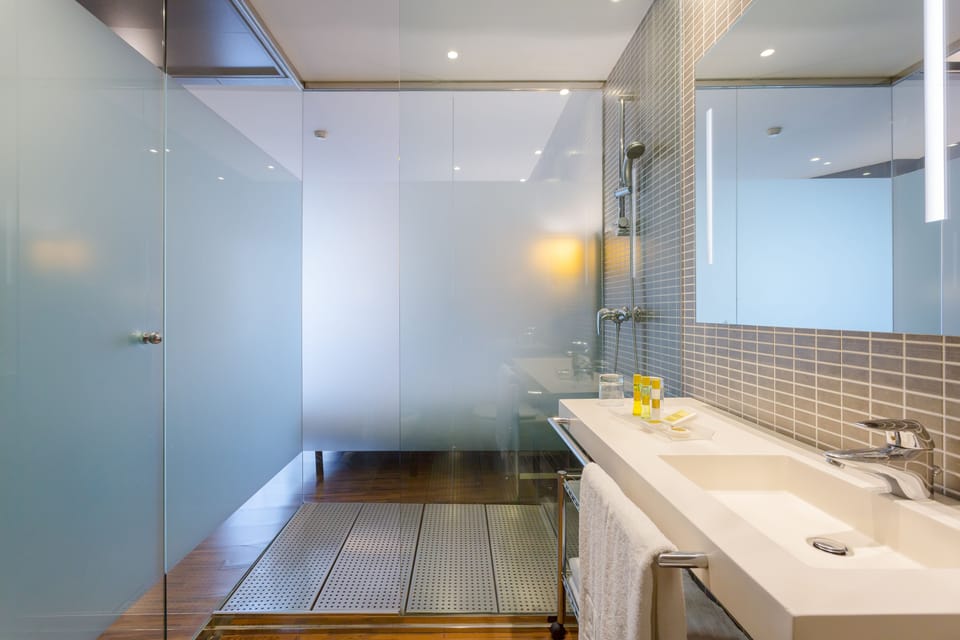 Eco-friendly toiletries, hair dryer, towels